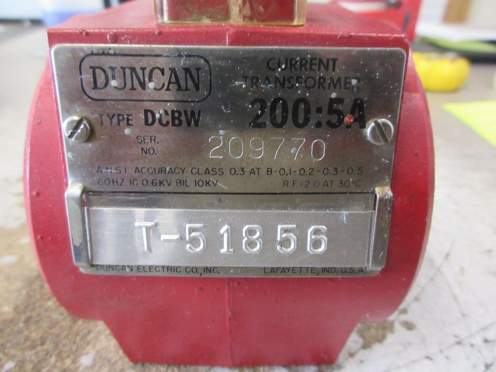 Duncan Current Transformer DCBW Ratio 200:5A 600V 60Hz 10KV BIL Used