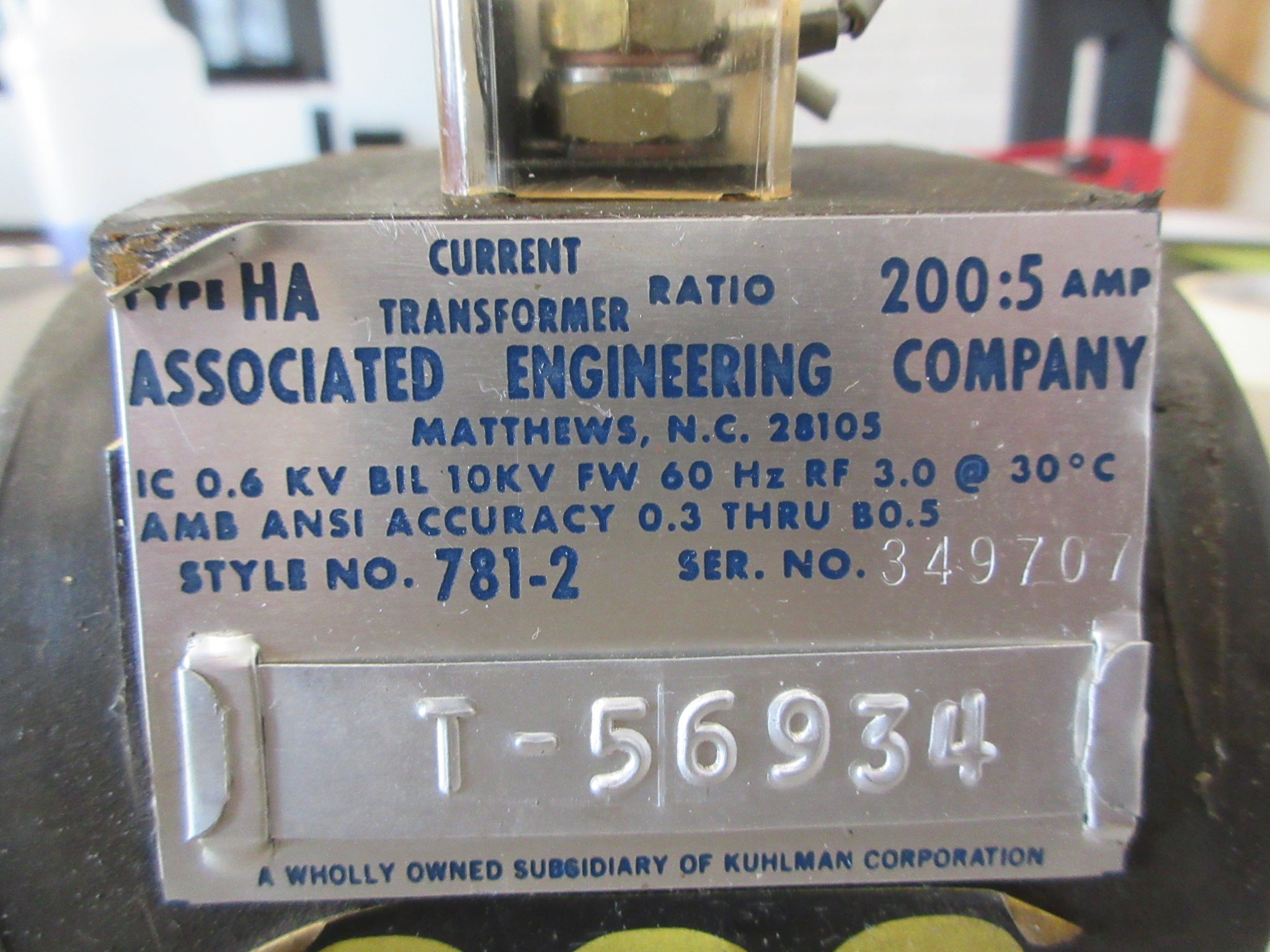 Associated Engineering Type HA Current Transformer 781-2 Ratio 200:5A 600V Used