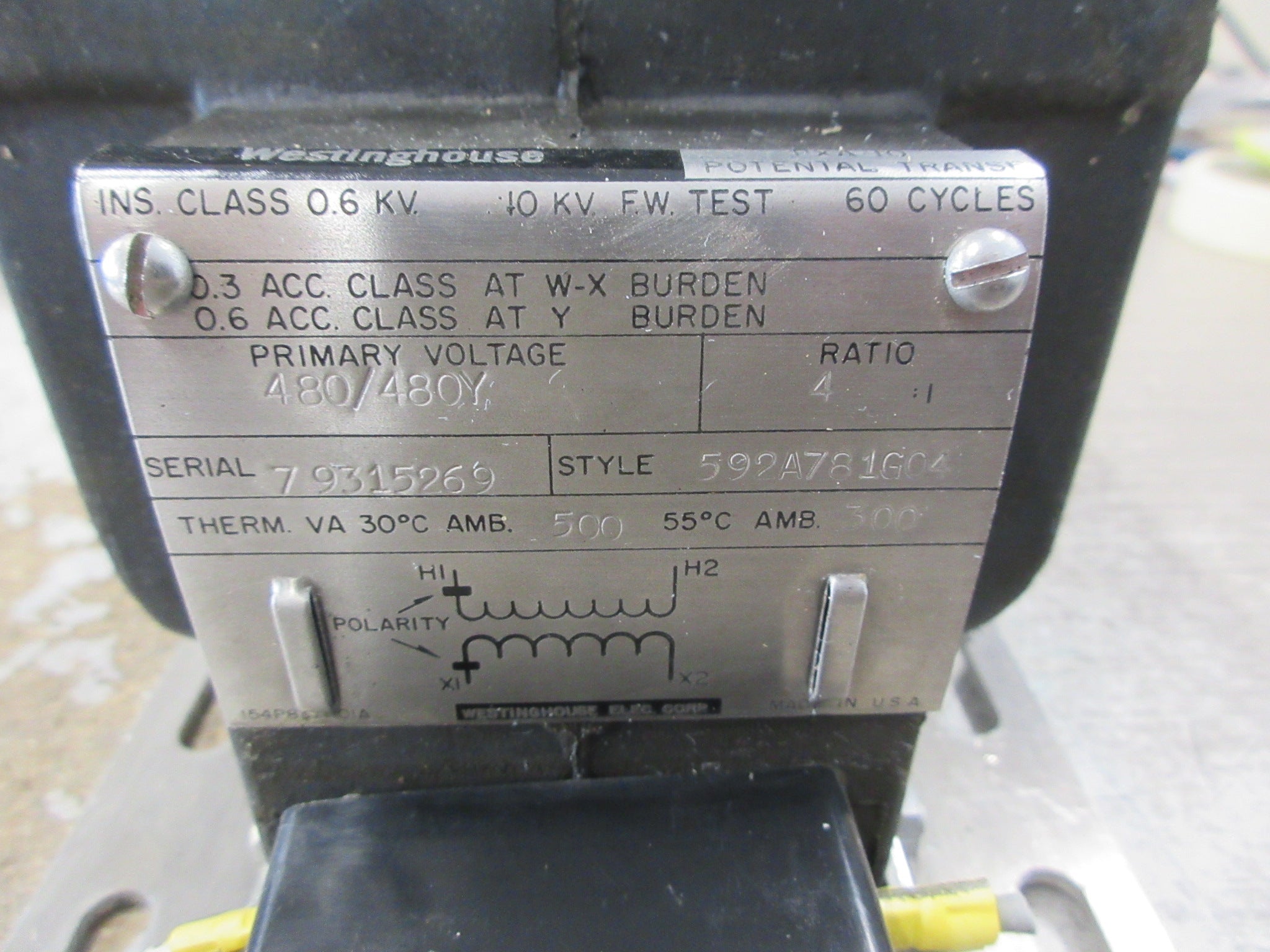 Westinghouse PXA-10 Potential Transformer 592A781G04 Pri: 480Y/480V Used