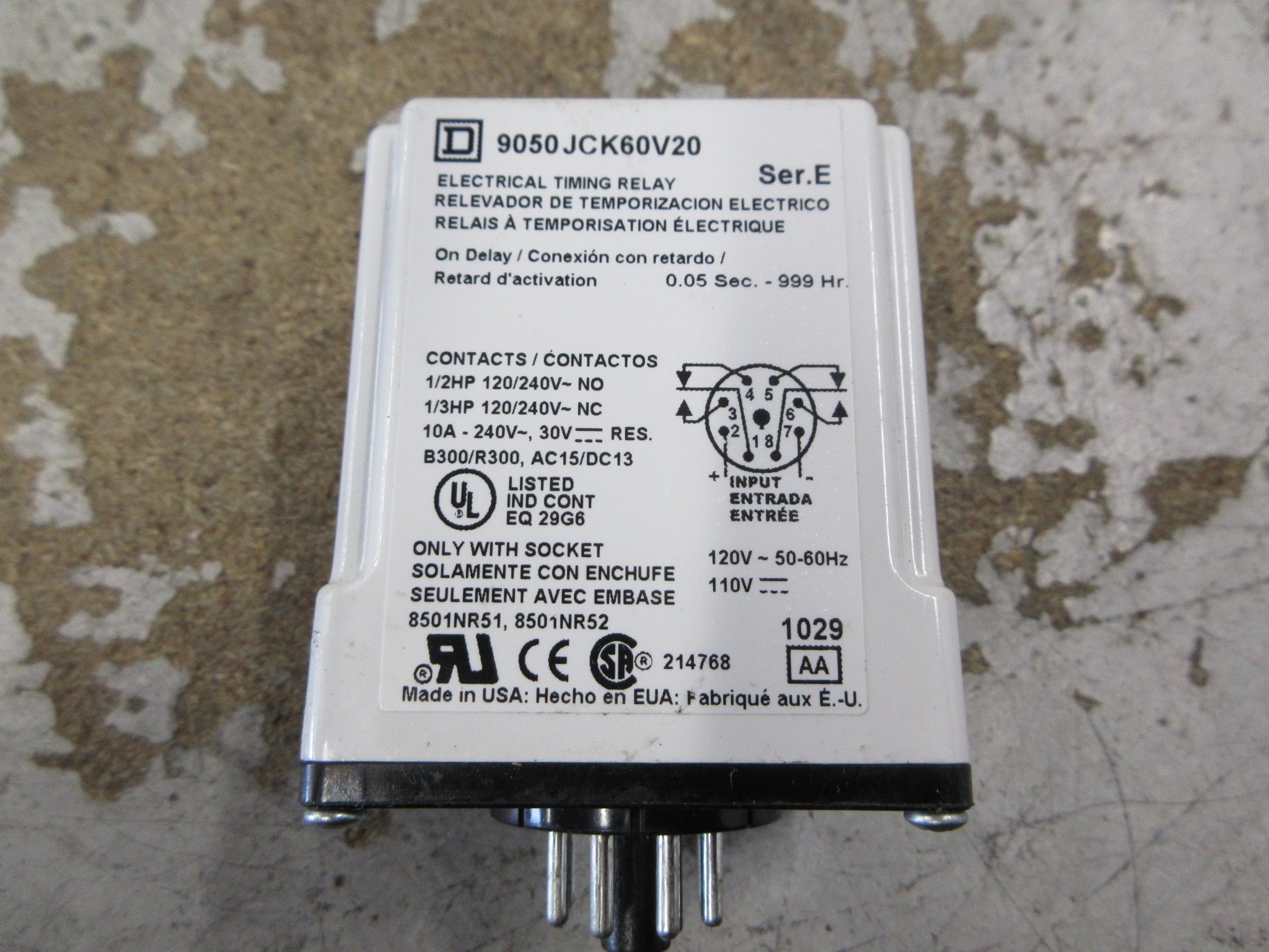 Square D Timing Relay 9050 JCK60V20 Ser. E Range: 0.05 Sec - 999 Hr Used