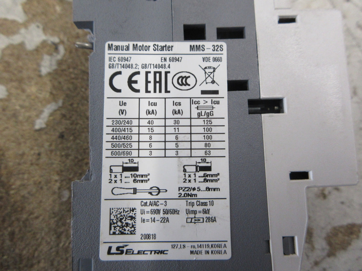 LS Meta MEC Manual Starter MMS-32S Trip: 14-22A *Broken DIN-Rail Mount* Used