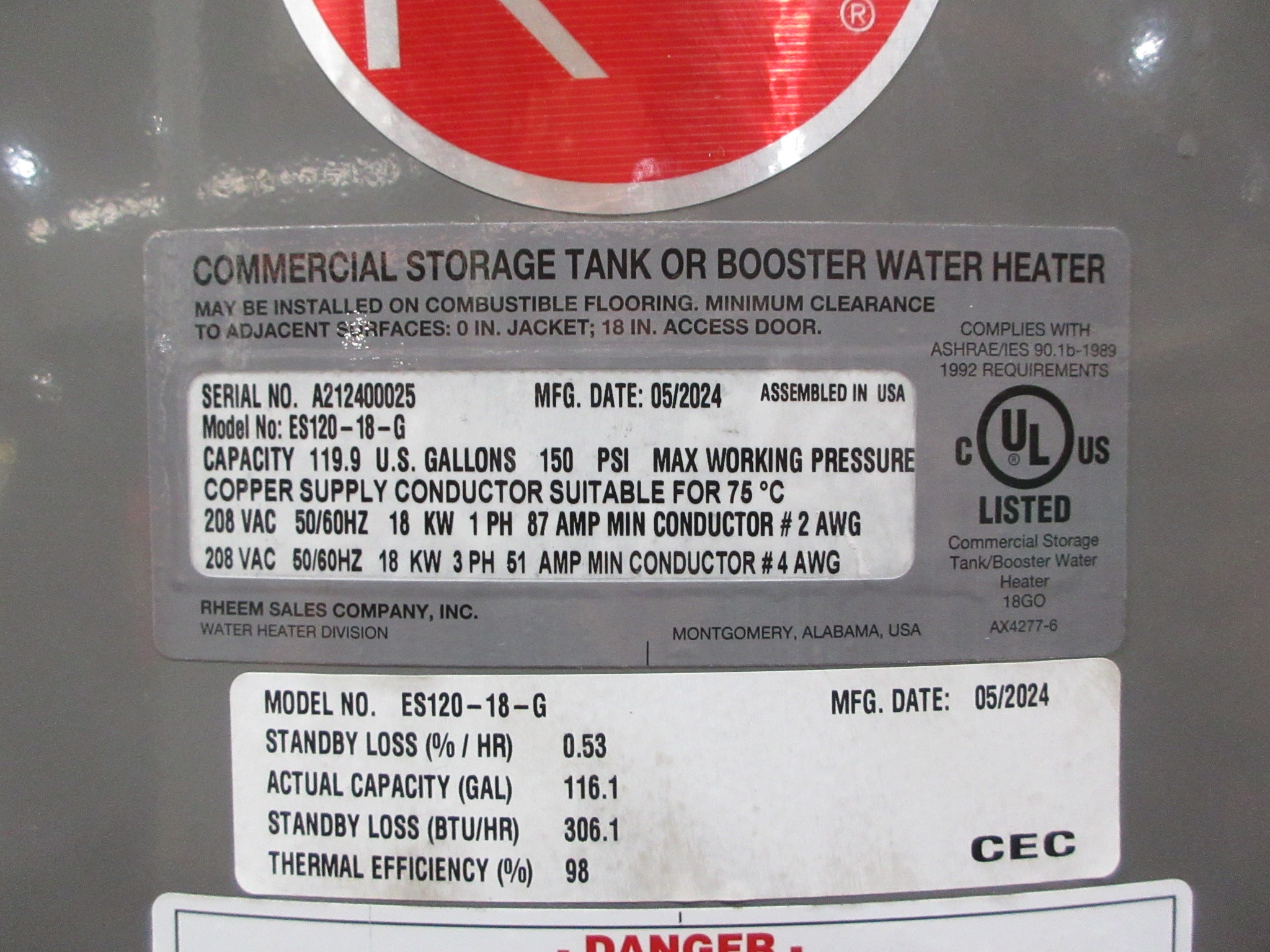 Rheem Electric Commercial Water Heater ES120-18-G 18 KW 208V 50/60Hz Used