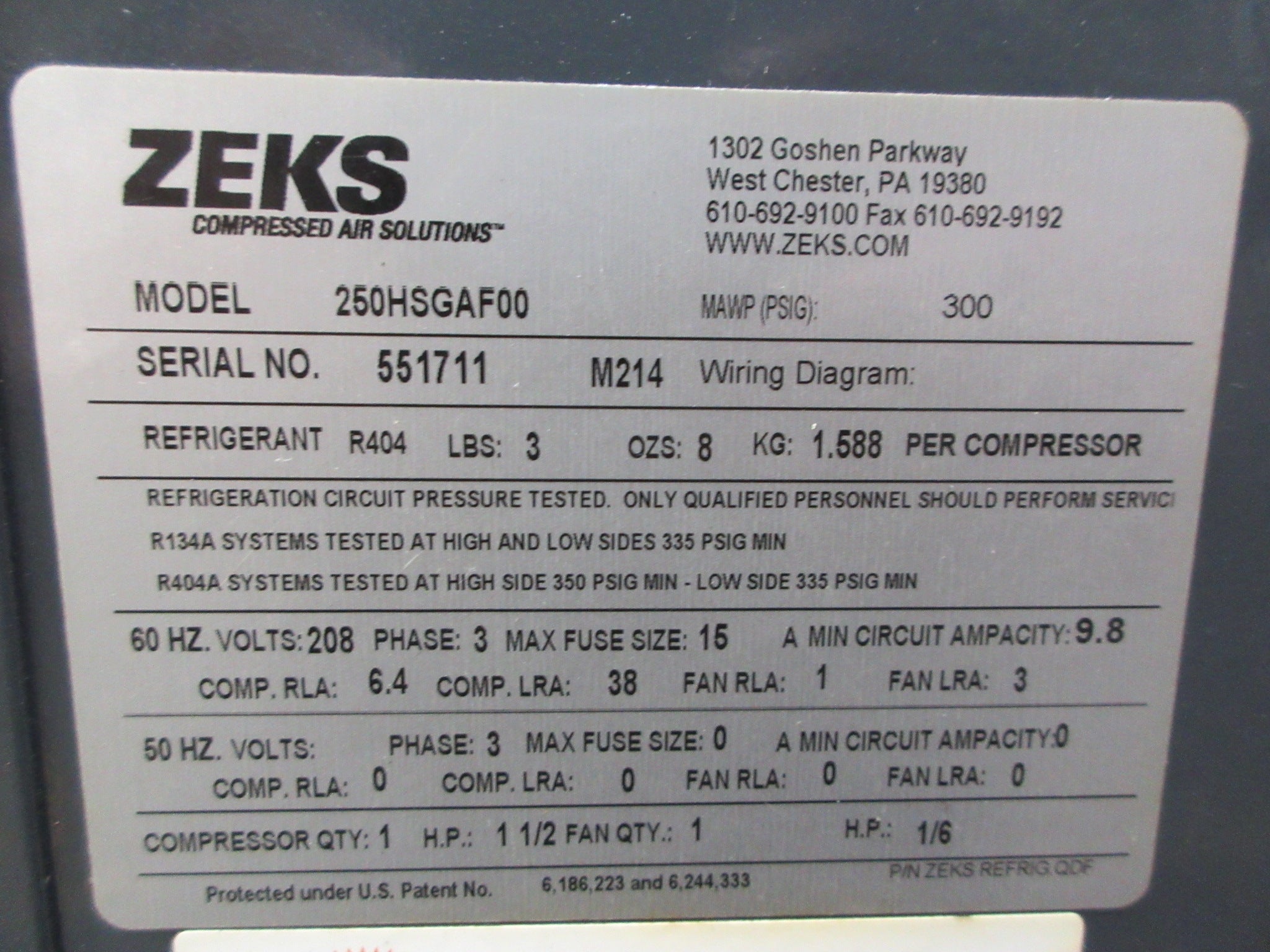 Zeks HeatSink True-Cycling Refrigerated Air Dryer 250HSGAF00 208V 3Ph 60Hz Used