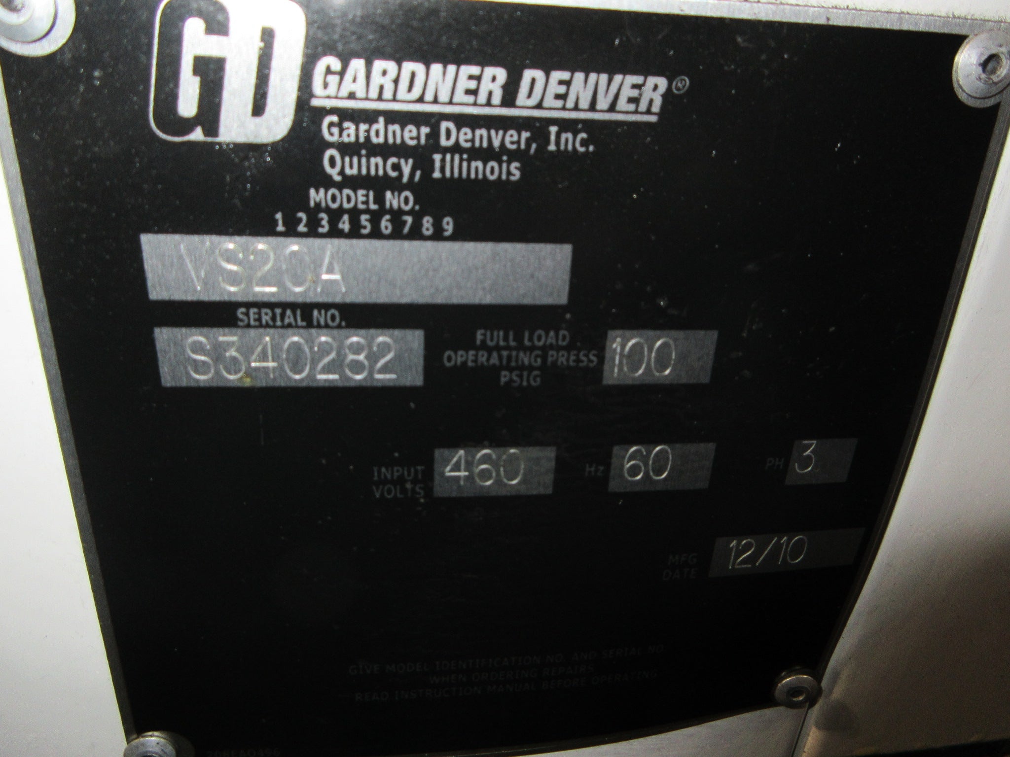 Gardner Denver VS Series Variable Speed Rotary Screw Air Compressor VS20A Used