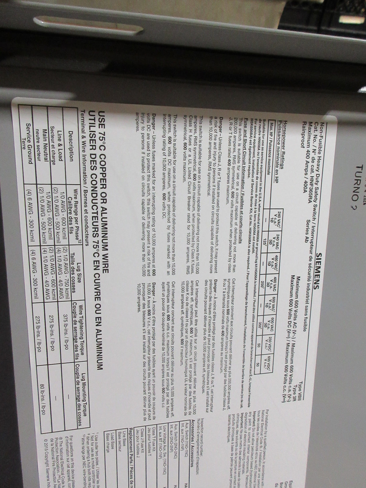 Siemens Non-Fusible 3R Safety Switch/Disconnect HNF365RA Ser. Ab New Surplus