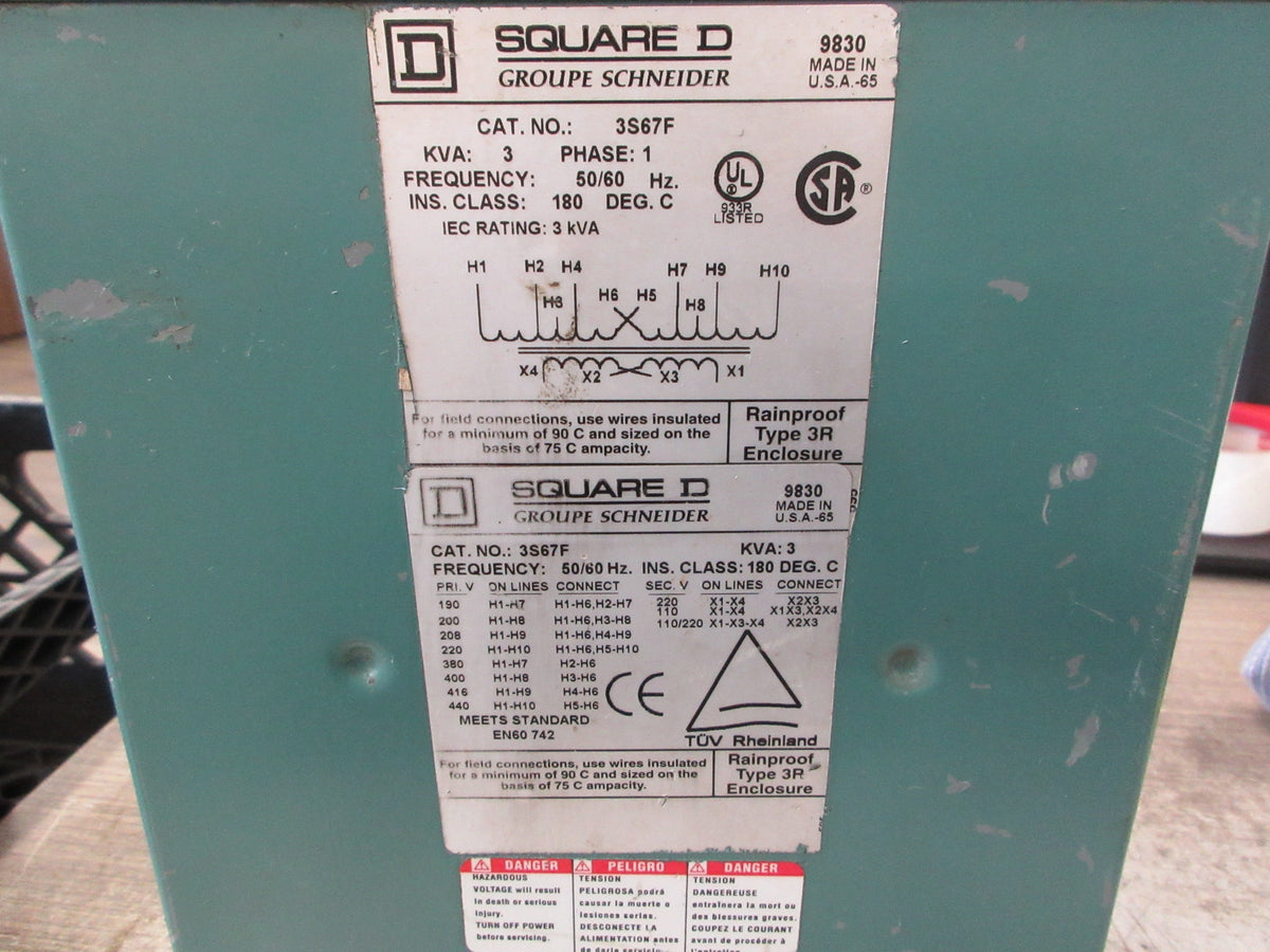 Square D 3R Transformer 3S67F 3KVA Pri: 190-440V Sec: 110/220V 1Ph 50/60Hz Used