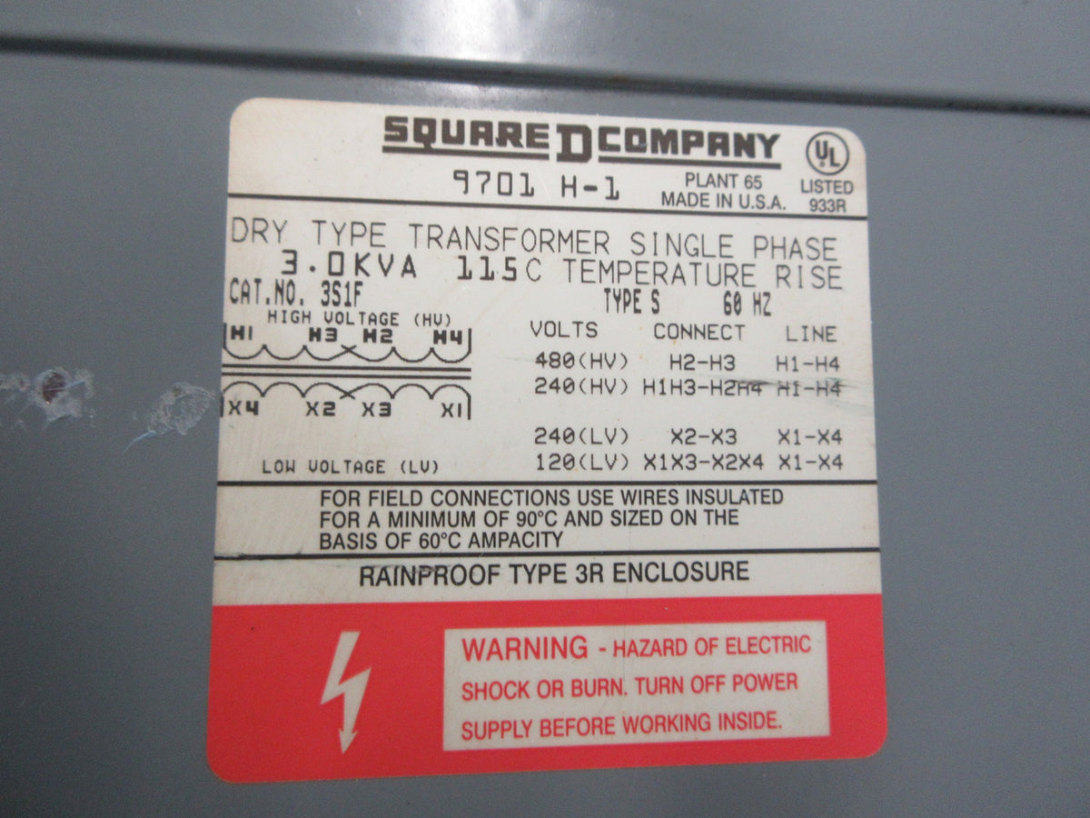 Square D Transformer 3S1F 3KVA Pri: 240/480V Sec: 120/240V 60Hz 1Ph Used