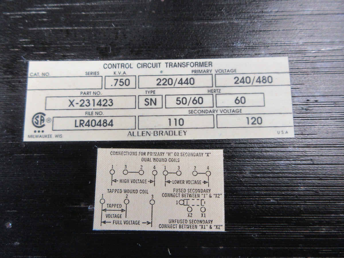 Allen-Bradley Control Transformer X-231423 0.750KVA Pri: 240/480V Sec: 120V Used