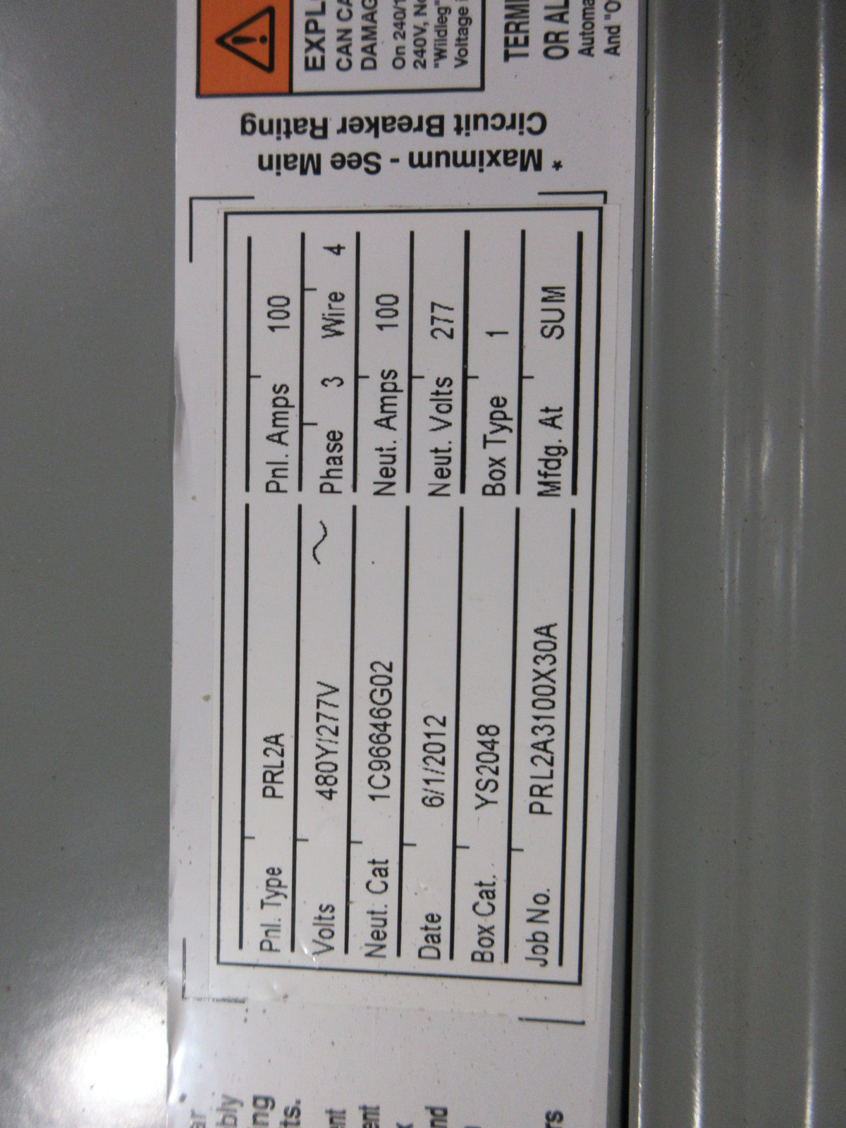 Eaton Main Breaker Circuit Breaker Panel PRL2A 100A Main 100A Max Used