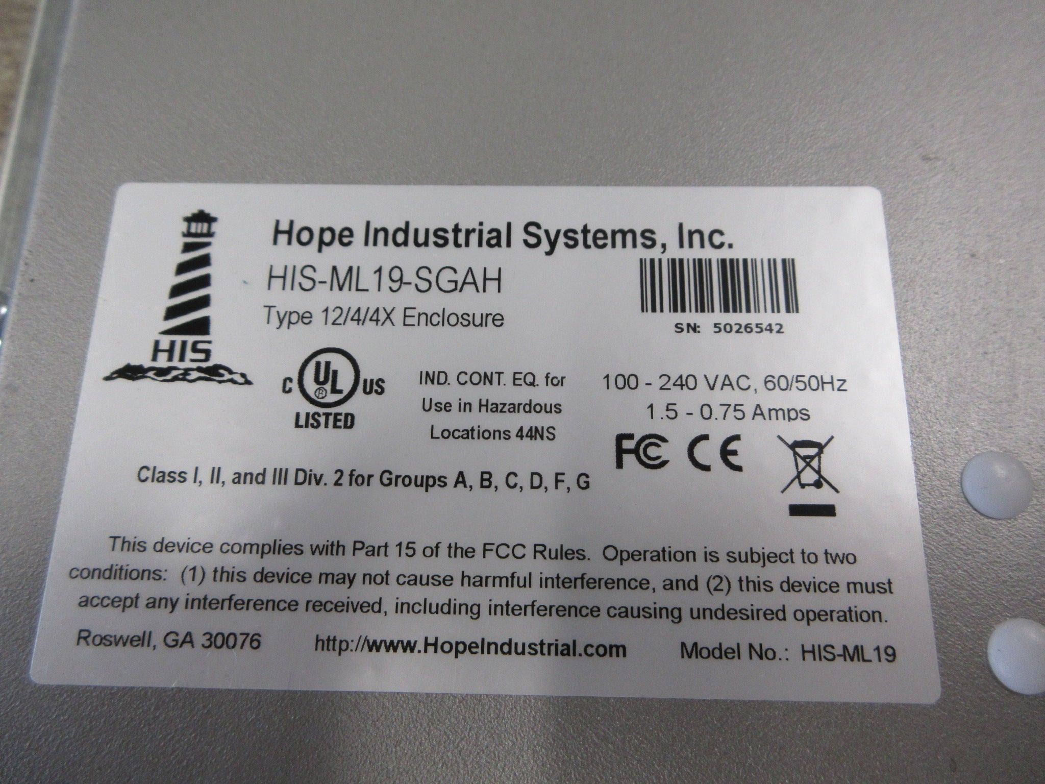 Hope Industrial Systems Panel Mount Touch Screen Monitor HIS-ML19-SGAH Used