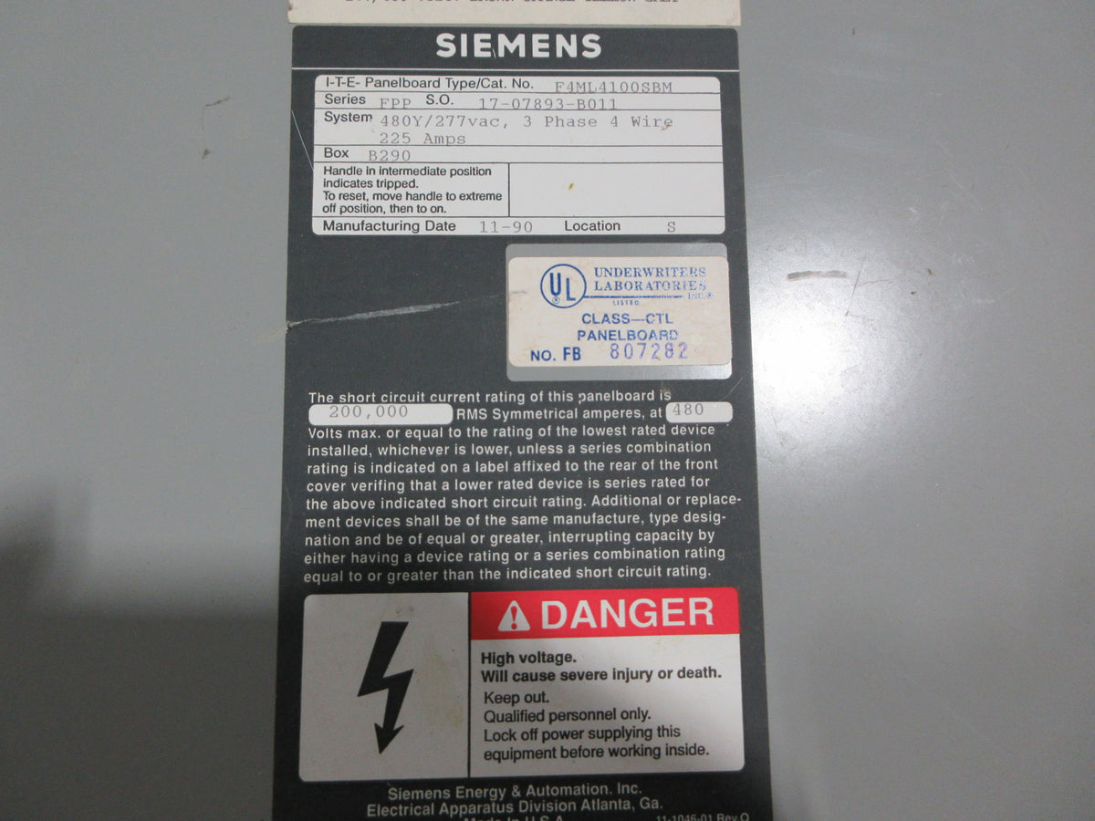 Siemens ITE Series FPP Panelboard F4ML4100SBM 225A 480Y/277V 3Ph 4W Used