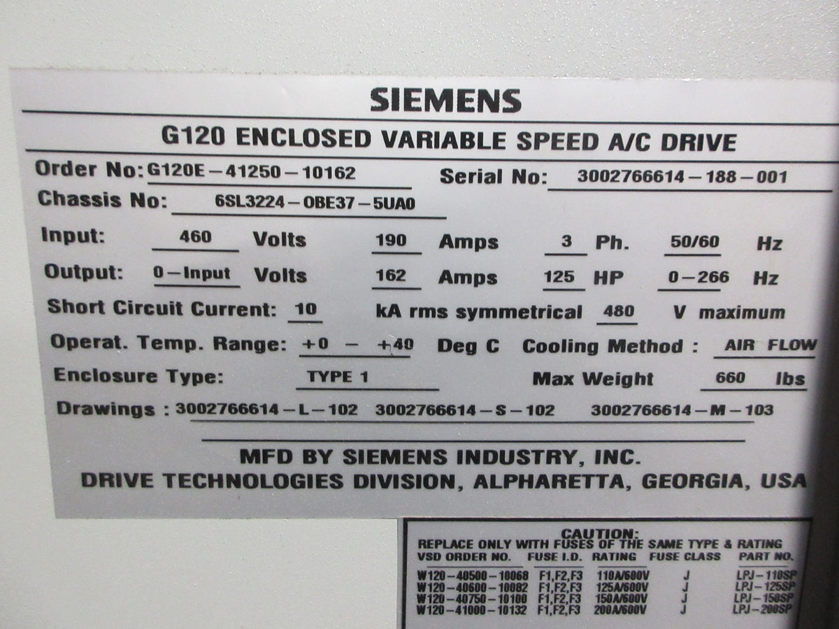 Siemens Enclosed G120 AC Drive 6SL3224-OBE37-5UA0 125HP Used