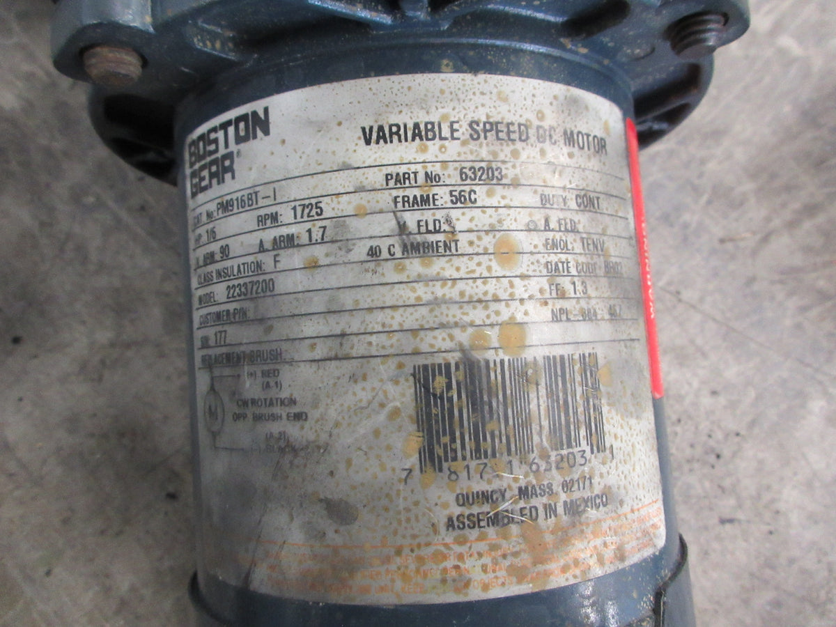 Boston Gear DC Gearmotor 63203 1/6HP Arm: 90V Arm: 1.7A 1725RPM Frame: 56C Used