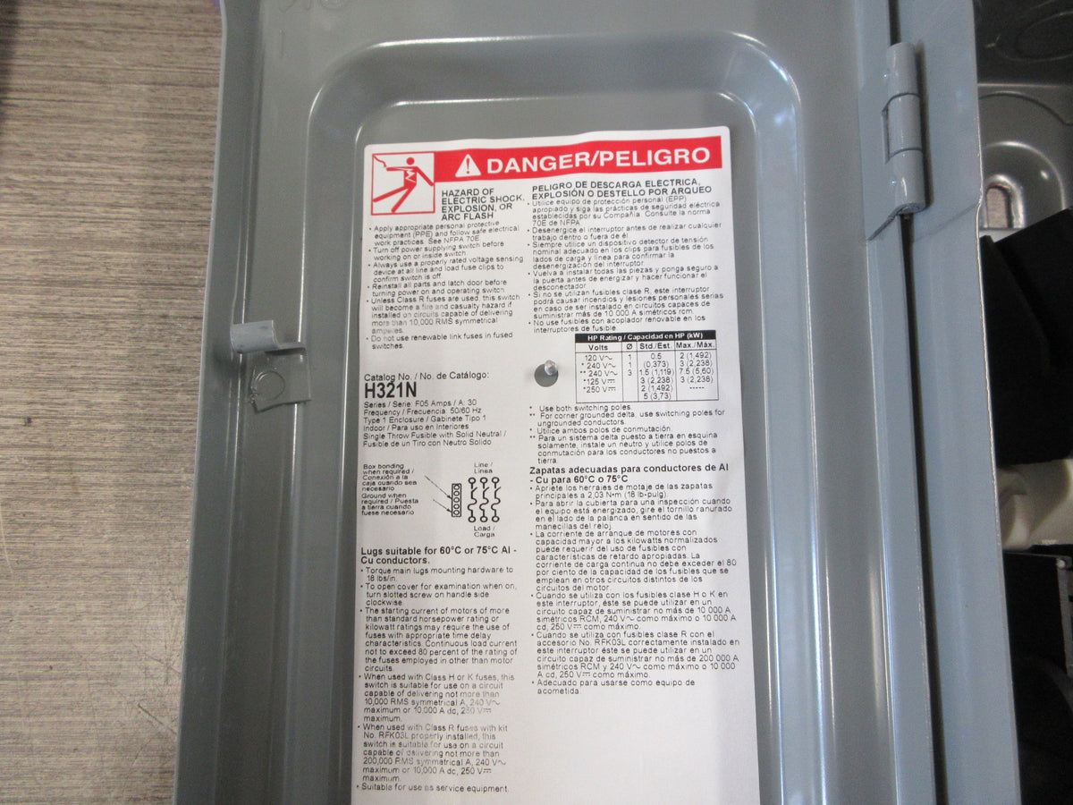 Square D Fusible Safety Switch/Disconnect H321N Ser. F05 30A 240V 3P Used