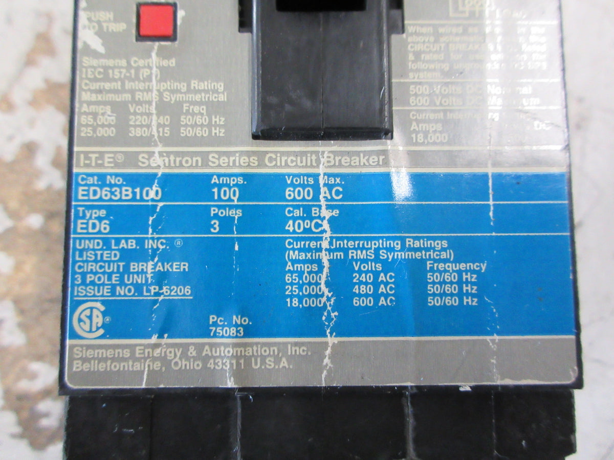 Siemens Sentron Circuit Breaker ED63B100 100A 600V 3P W/Mounting Screws Used