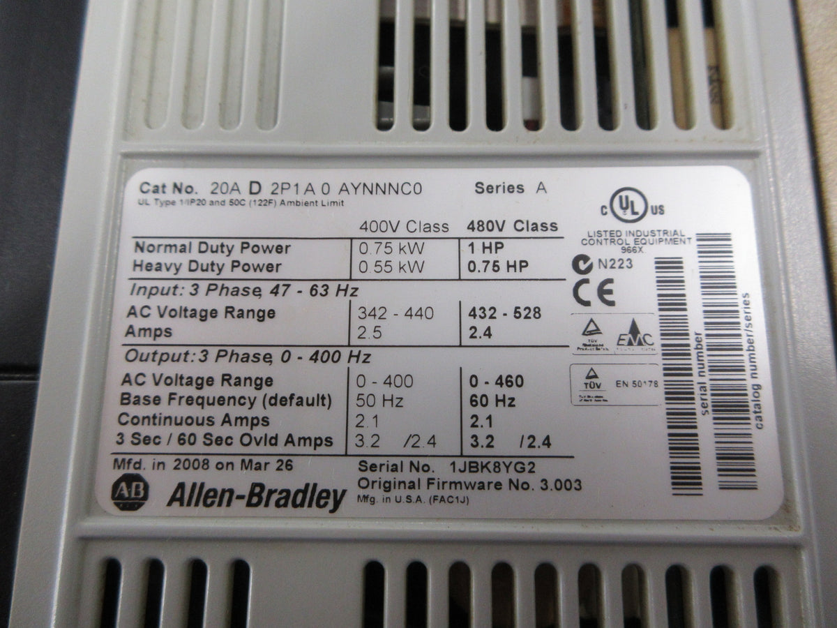 Allen-Bradley PowerFlex 70 AC Drive 20AD2P1A0AYNNNC0 Ser. A 1HP 3Ph Used