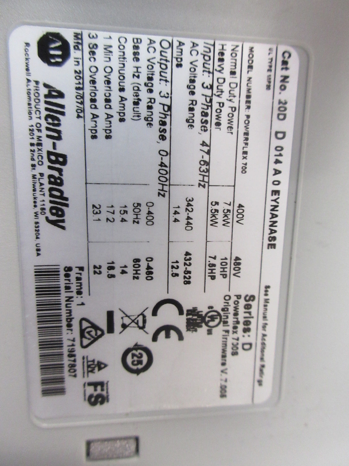 Allen-Bradley PowerFlex 700S AC Drive 20DD014A0EYNANASE Ser. D 10HP 3Ph Used
