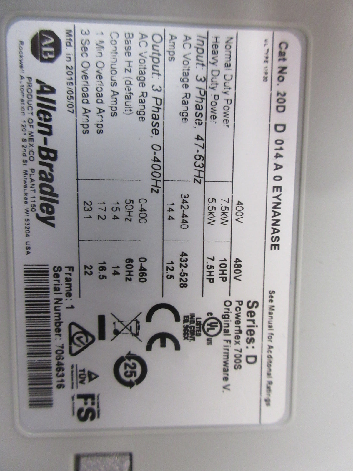 Allen-Bradley PowerFlex 700S AC Drive 20DD014A0EYNANASE Ser. D 10HP 3Ph Used