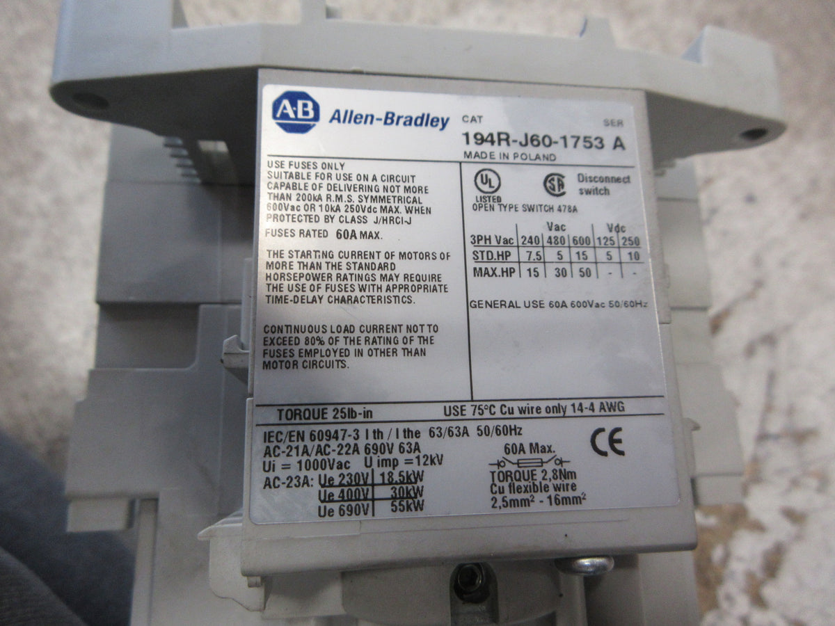 Allen-Bradley Fusible Disconnect Switch 194R-J60-1753 Ser. A 60A 600V 3P Used