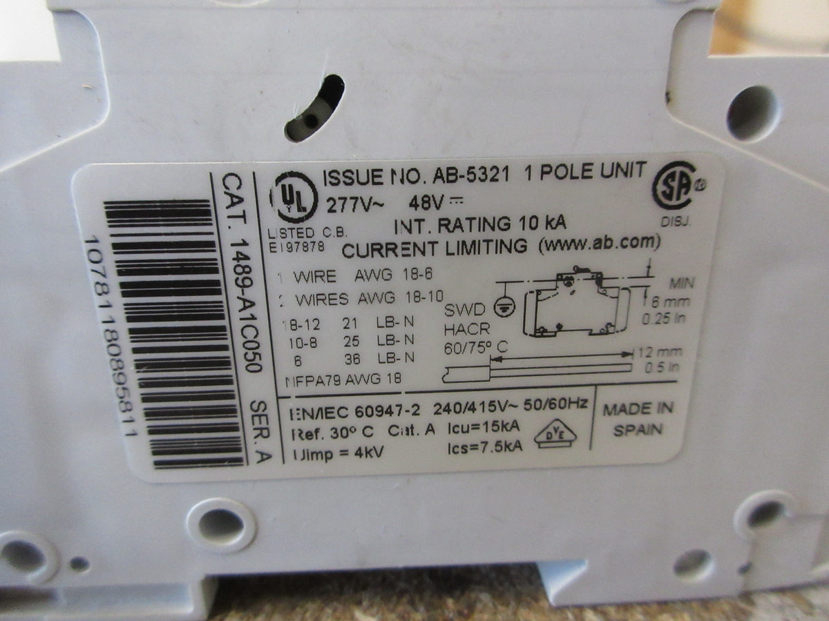 Allen-Bradley Circuit Breaker 1489-A1C050 Ser. A 5A 277V 1P *Lot of 2* Used