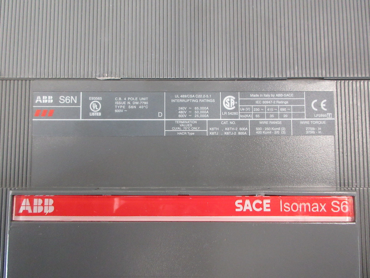 ABB SAC Isomax S6 Circuit Breaker S6N 800 600V 800A 4P Used