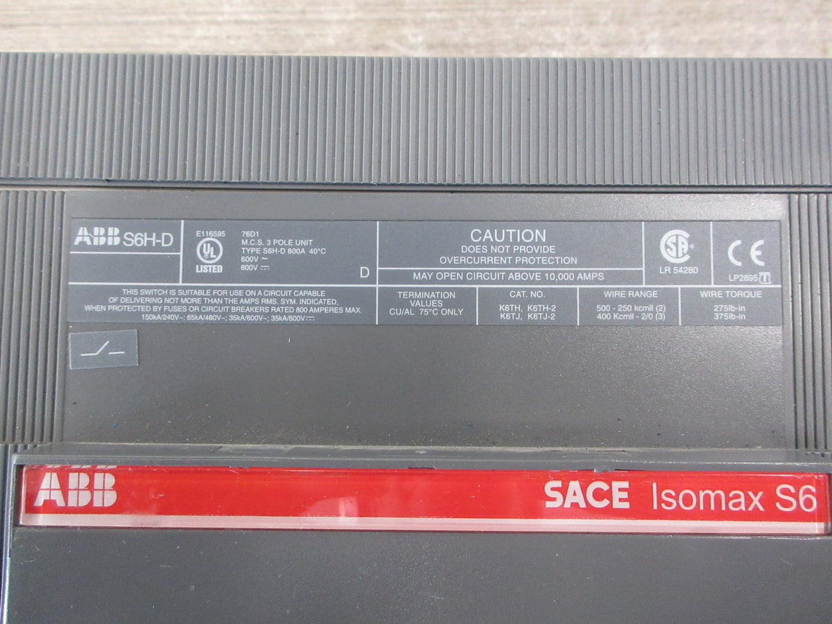 ABB SAC Isomax S6 Circuit Breaker S6H-D 800 600V 800A 3P Used