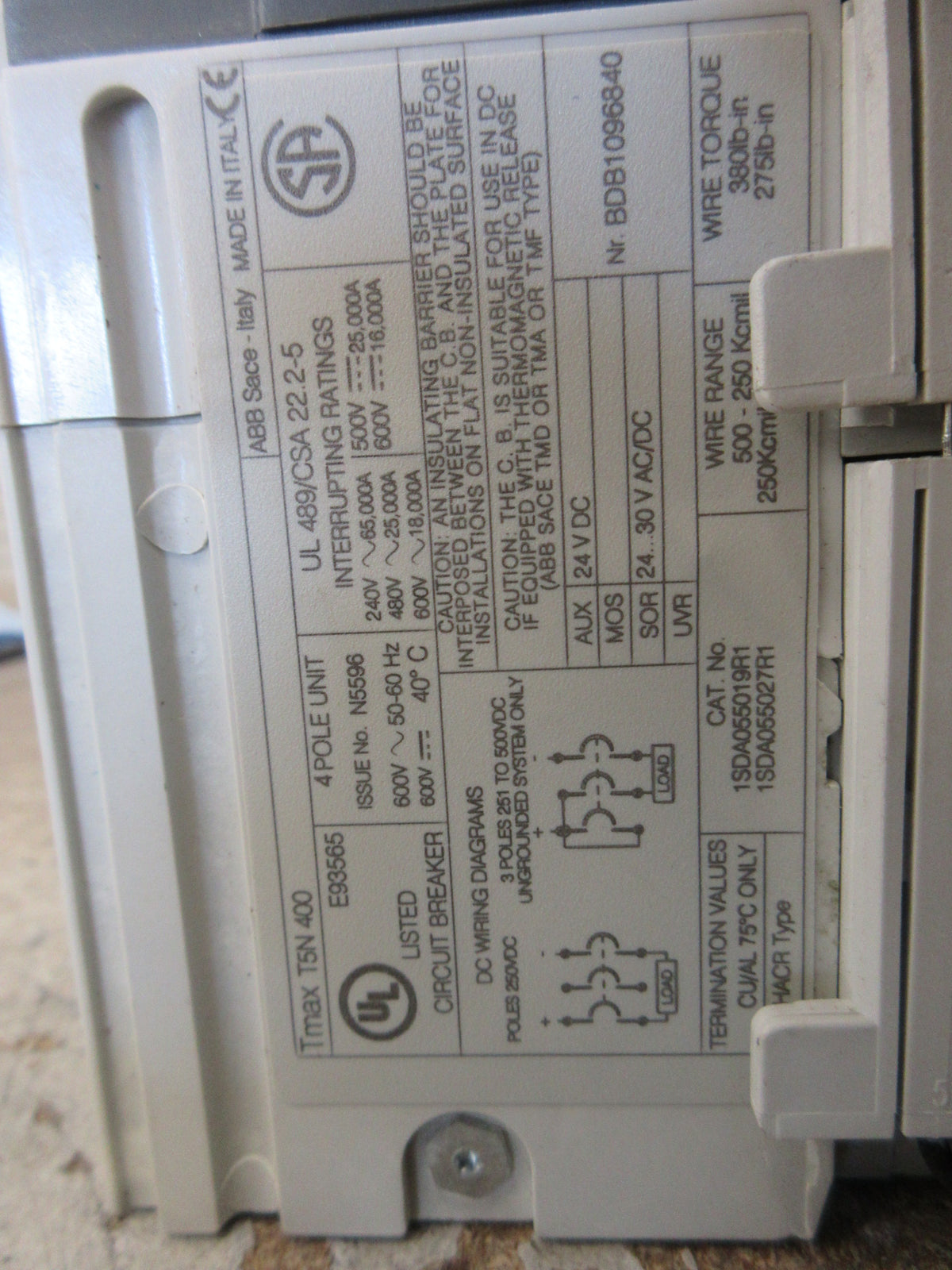 ABB SACE Tmax Circuit Breaker T5N 400 600V 400A 4P Electronic Operator Used