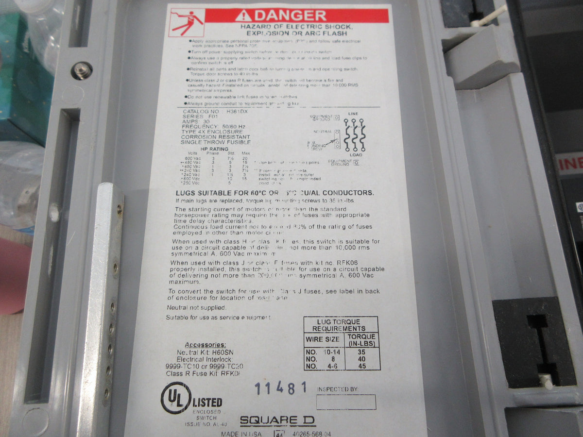 Square D Heavy Duty 4X Fusible Safety Switch/Disconnect H361DX Ser. F01 30A Used