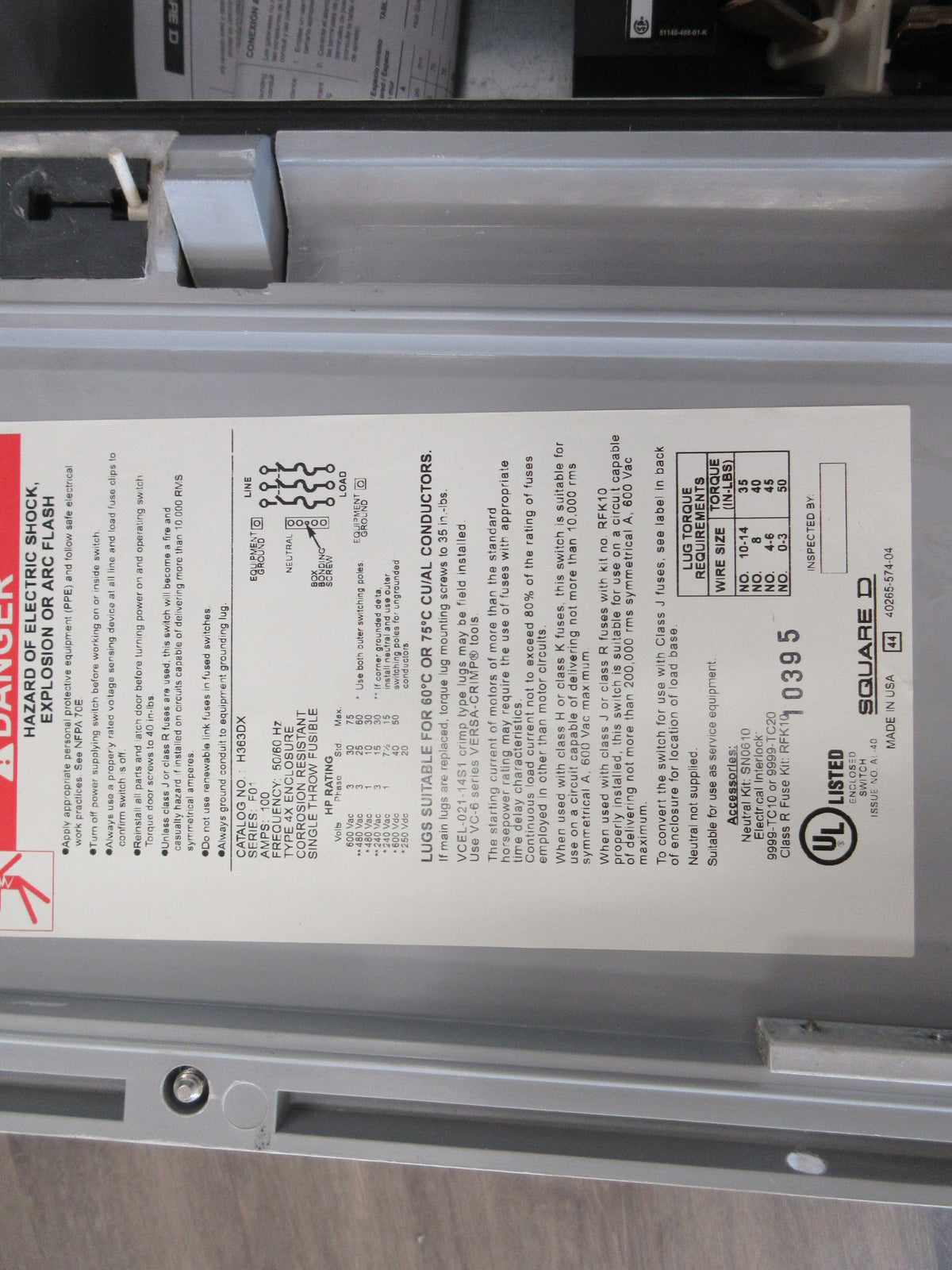 Square D Heavy Duty 4X Fusible Safety Switch/Disconnect H363DX 100A New Surplus