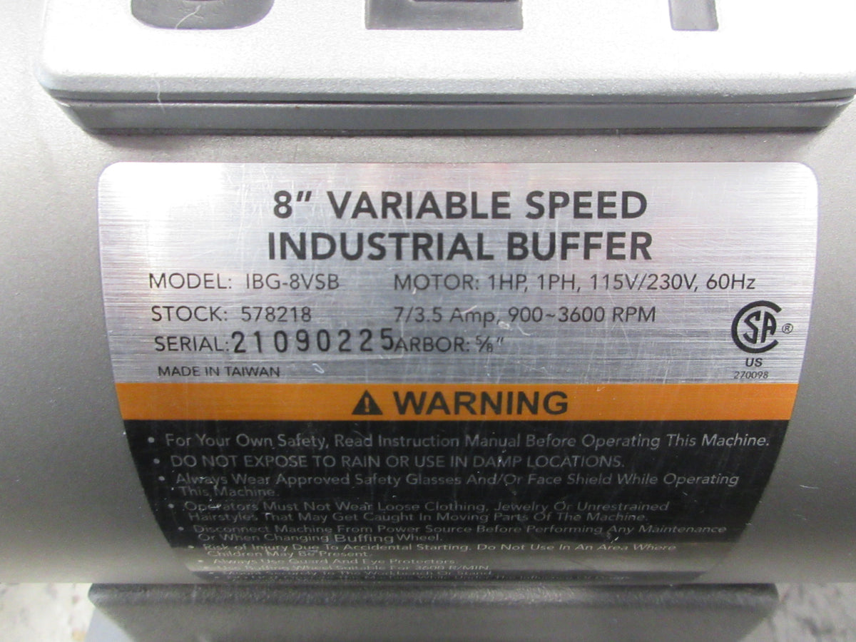 JET Variable Speed Industrial Buffer IBG-8VSB Size: 8" 1HP 1Ph 115/230V Used