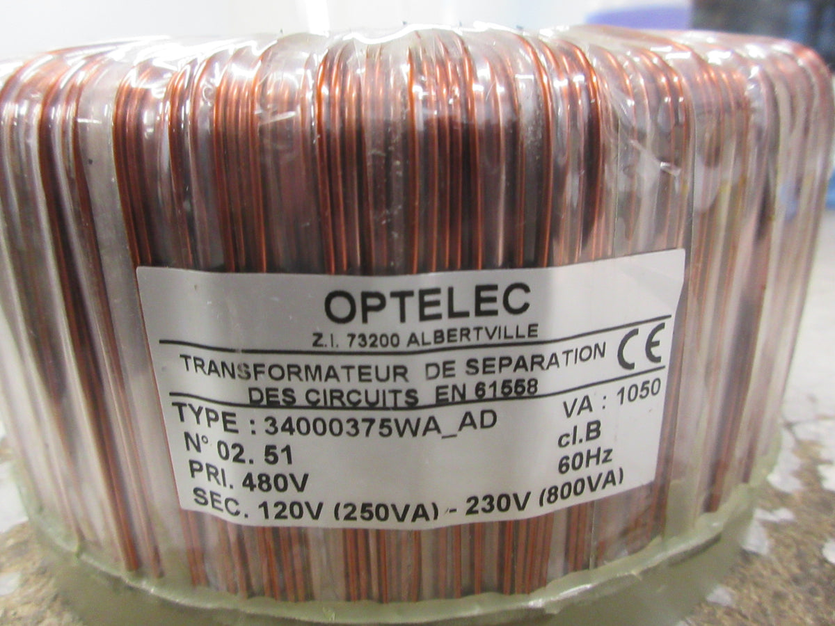Optelec Isolating Transformer 34000375WA_AD 1050VA Pri: 480V Sec: 120-230V Used