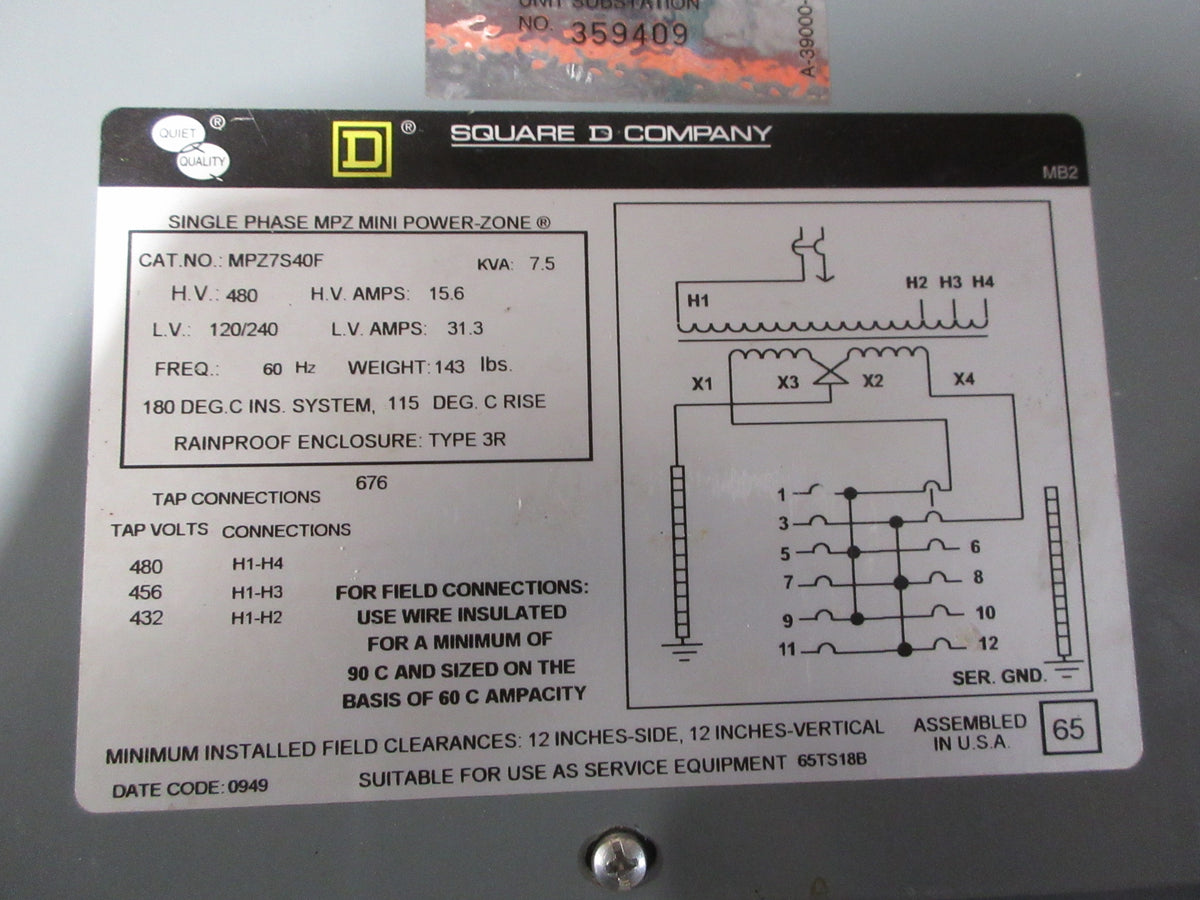 Square D Mini Power-Zone Unit Substation MPZ7S40F 7.5KVA Pri: 480V Used