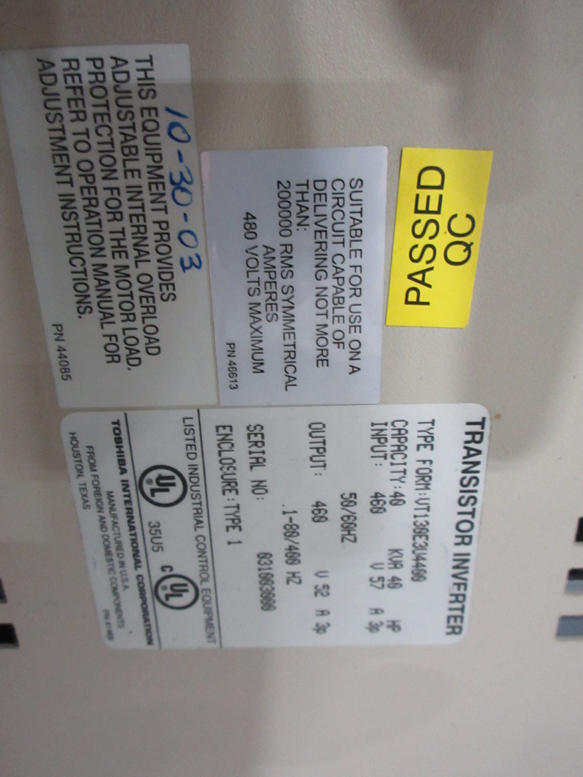 Toshiba E3 AC Drive W/Bypass VT130E3U4400 40HP 3Ph Used