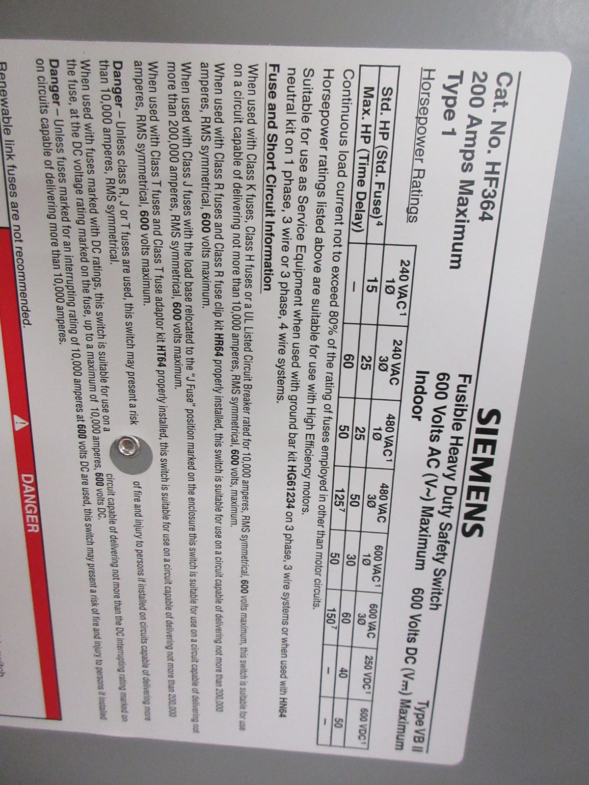 Siemens Fusible Safety Switch/Disconnect HF364 200A 600V 3P New Surplus
