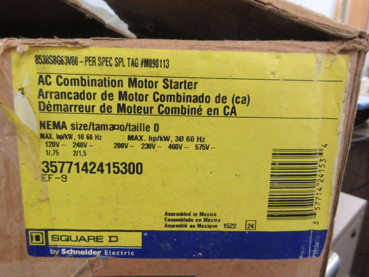 Square D Size 0 Fusible Combination 8538SBG63V80 120V Coil New Surplus