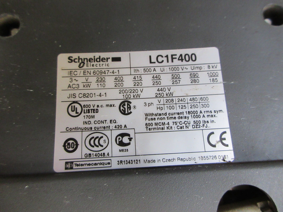 Schneider Electric Contactor LC1F400 240V Coil 420A 600V Used