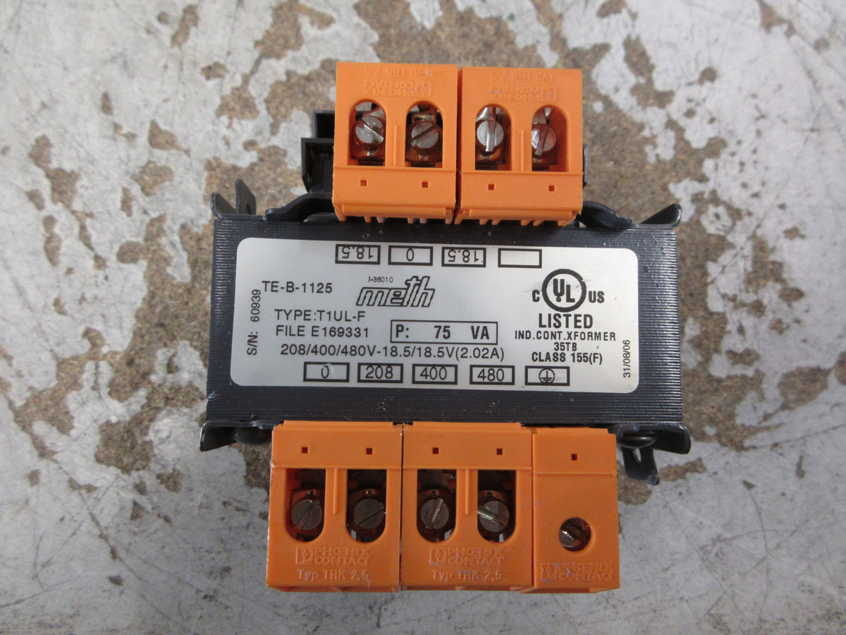 Meth Electric Control Transformer T1UL-F 75VA Pri: 208/400/480V Sec: 18.5V Used