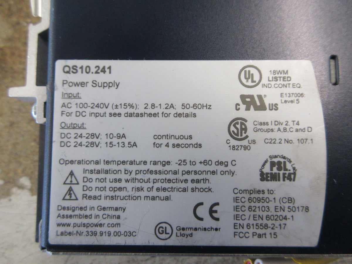 Puls Dimension Power Supply QS10.241 240W Output: 24-28 VDC 10-9A Used