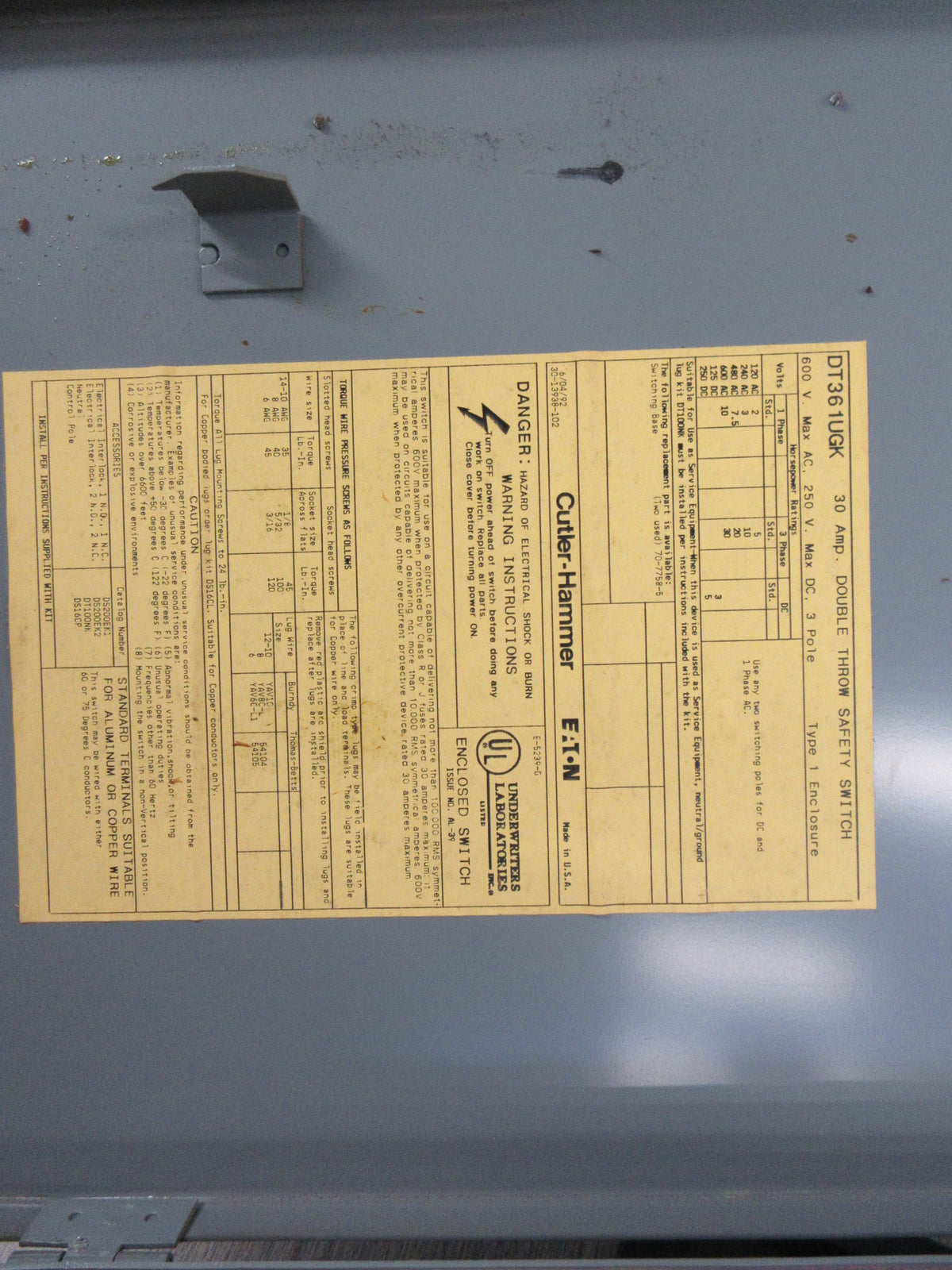 Cutler-Hammer Non-Fusible Double-Throw Safety Switch/Disconnect DT361UGK Used