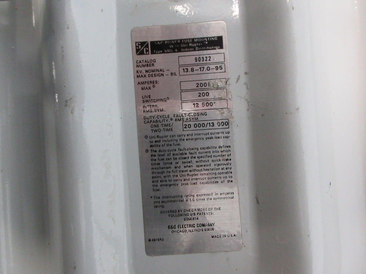 S&C Type SML-4 Power Fuse Mounting 90322 200E Max 13.8KV Used