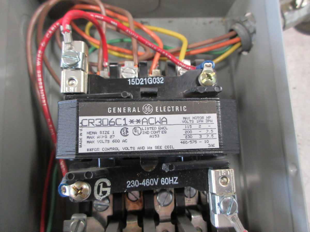 GE Enclosed Size 1 Starter CR306C1**ACWA 230-460V Coil 27A 600V Used