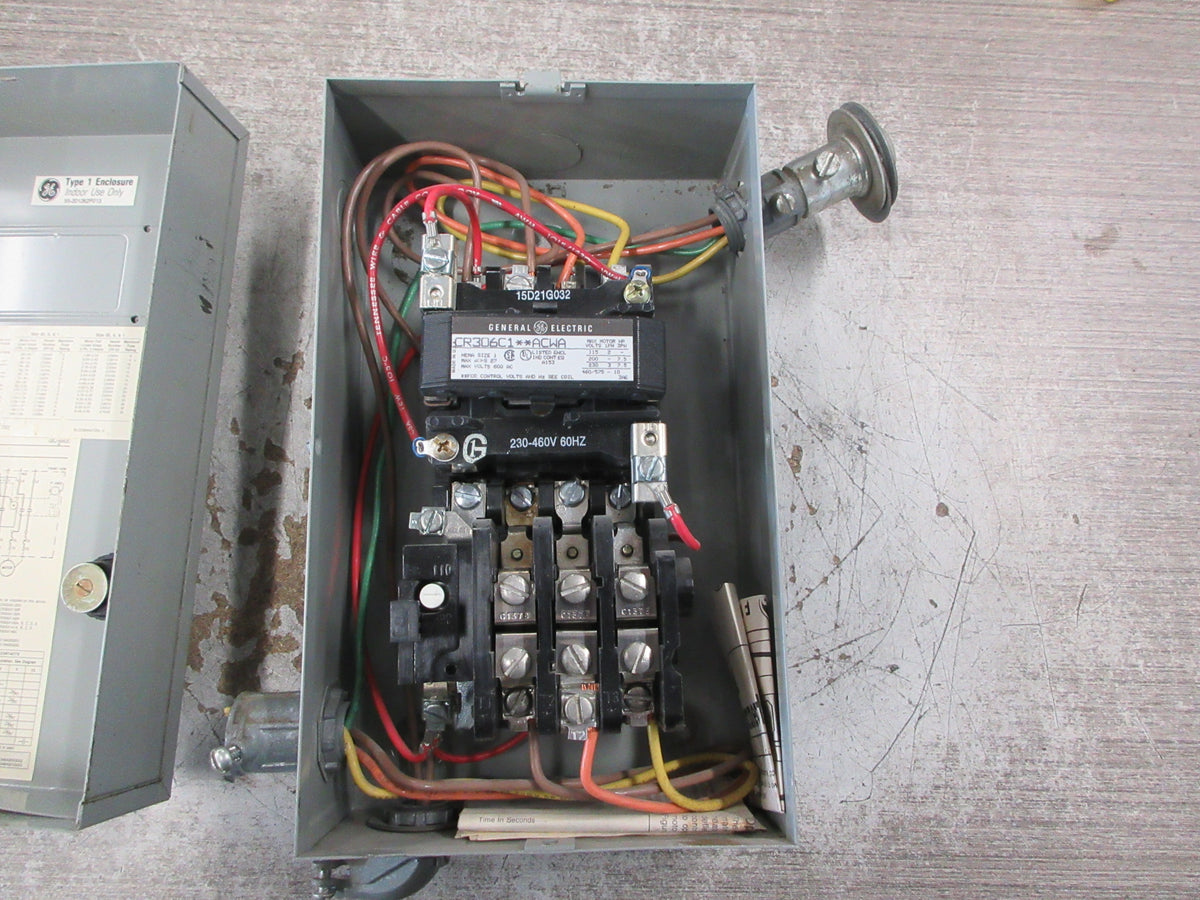 GE Enclosed Size 1 Starter CR306C1**ACWA 230-460V Coil 27A 600V Used