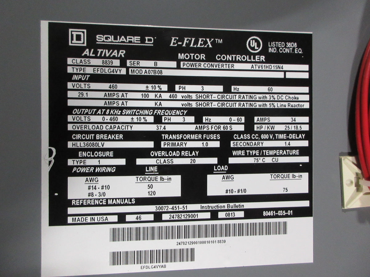 Square D E-Flex Altivar AC Drive 8839 EFDLG4VY A07B08 Ser. B 25HP 3Ph Used