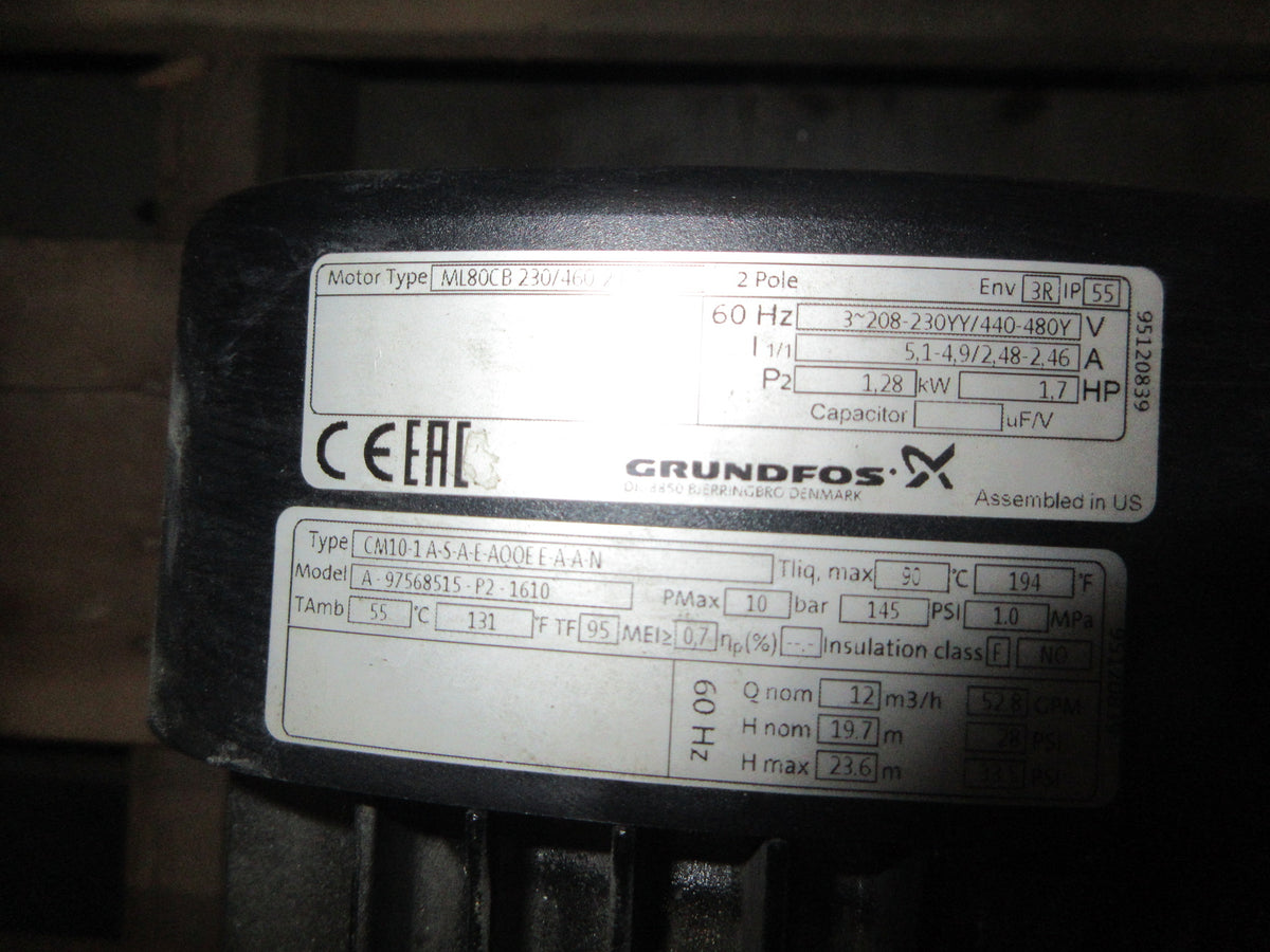 Grundfos Pump CM10-1 A-5-A-E-AQQE E-A-A-N 1.7HP 52.8GPM 19.7m Head Nom. Used