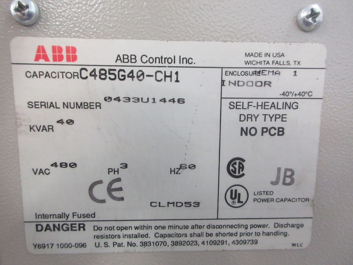 ABB Capacitor C485G40-CH1 40KVAR 480V 3Ph 60Hz Used
