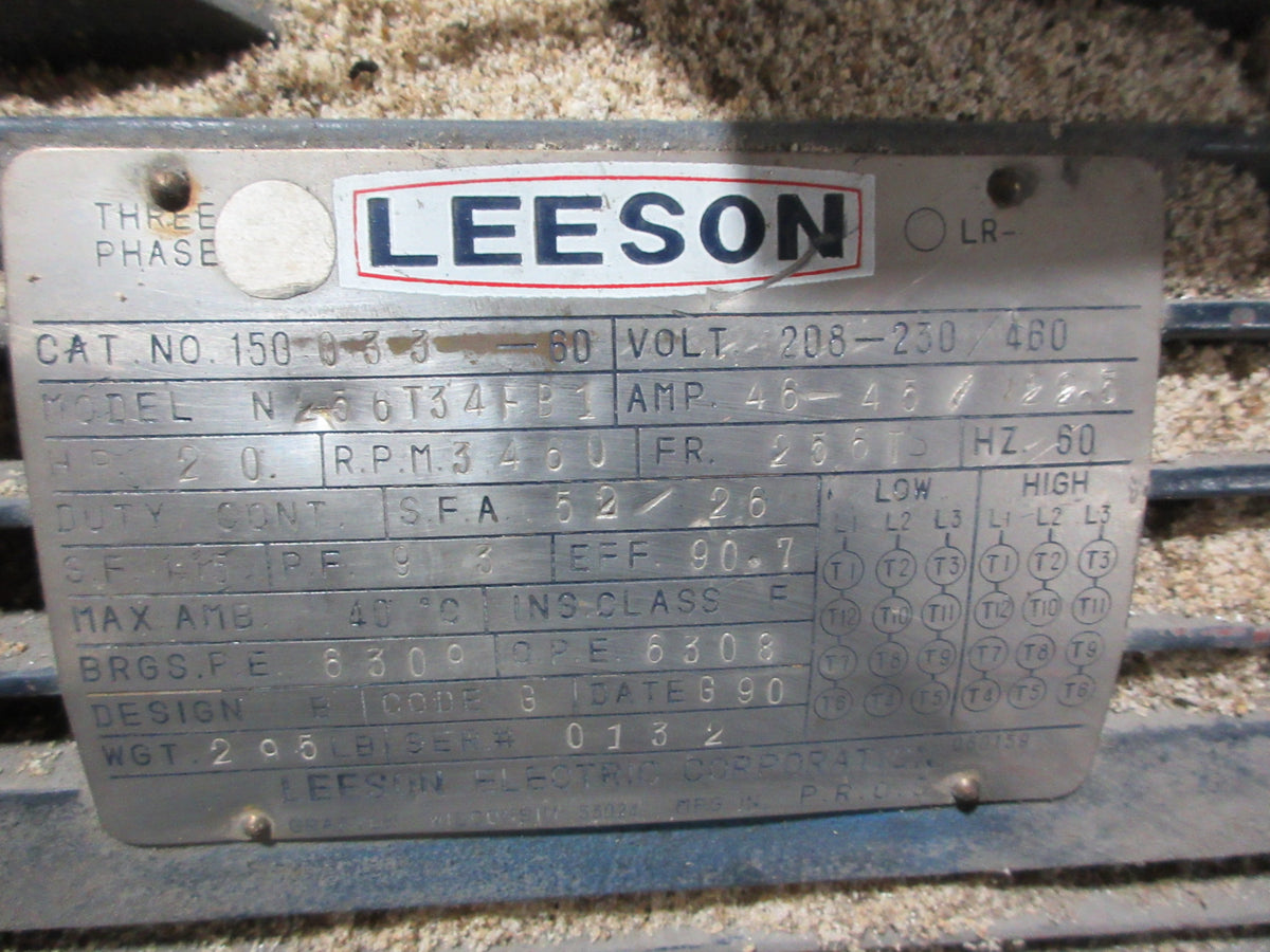 Leeson Motor N256T34FB1 20HP 208-230/460V 3460RPM 46-45/22.5A FR: 256TS Used