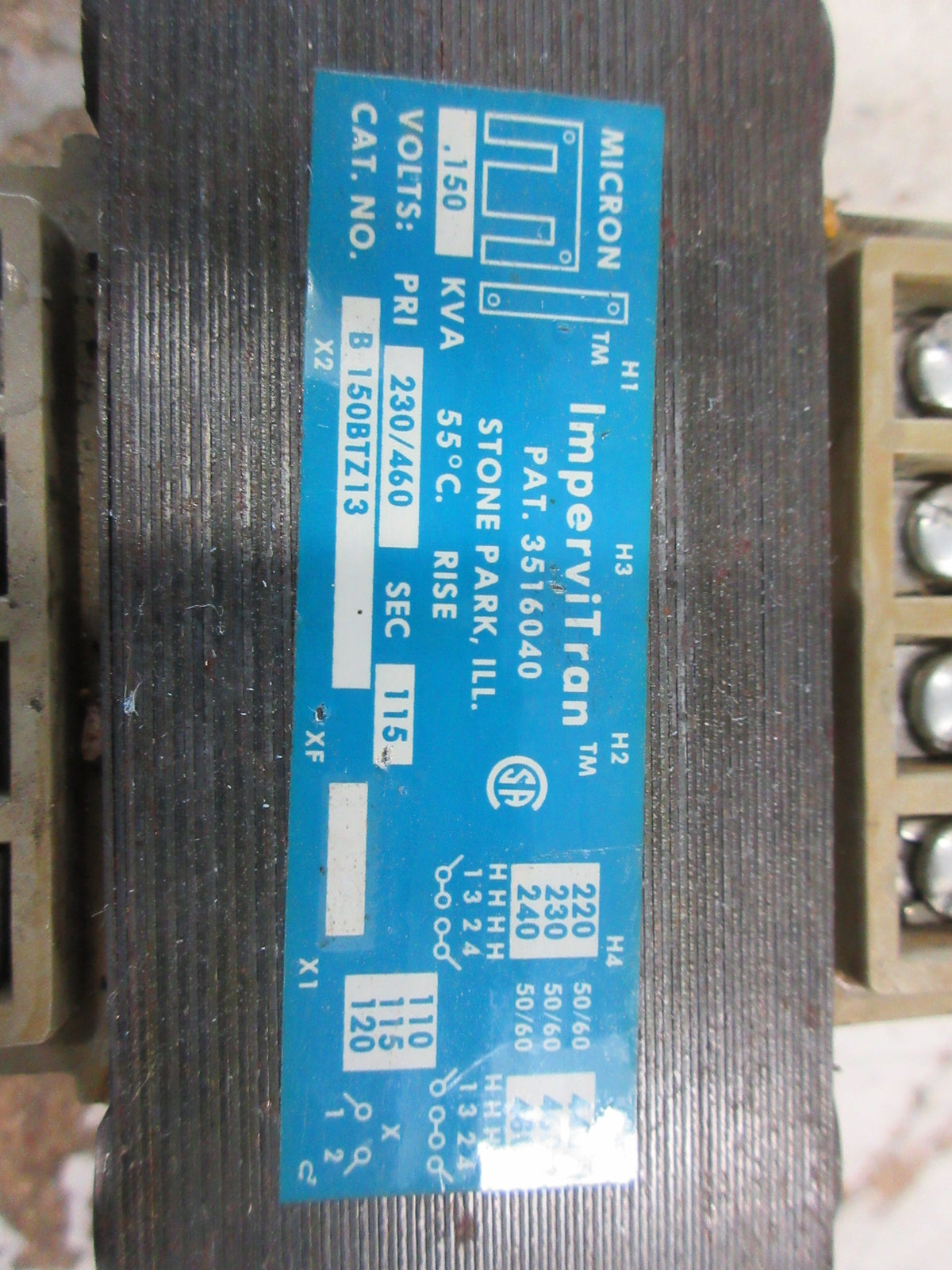 Micron Impervitran Control Transformer B150BTZ13 0.150KVA Pri:230/460V Used