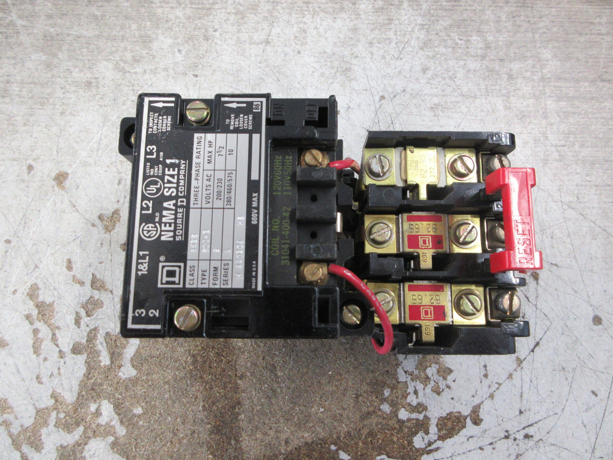 Square D Size 1 Starter 8536 SCO -3 S Ser. A 120V Coil 600 V Used