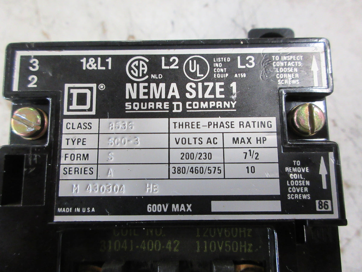 Square D Size 1 Starter 8536 SCO -3 S Ser. A 120V Coil 600 V Used