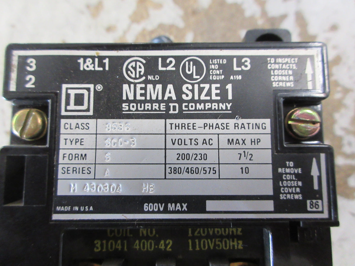 Square D Size 1 Starter 8536 SCO -3 S Ser. A 120V Coil 600 V Used